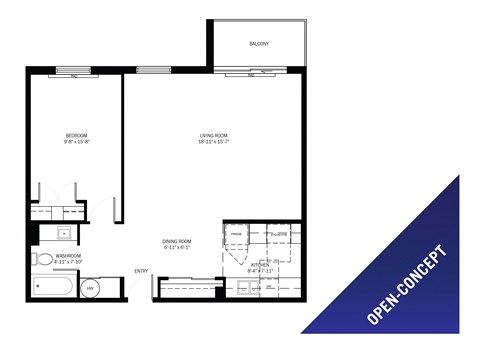 One bedroom, one bathroom open-concept apartment layout at St. Lawrence Village in St. Catharines, ON